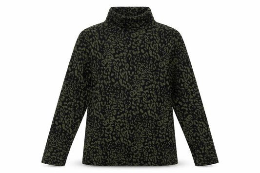 Front view of M&Co women’s green roll neck animal print polyester jumper, size UK 8