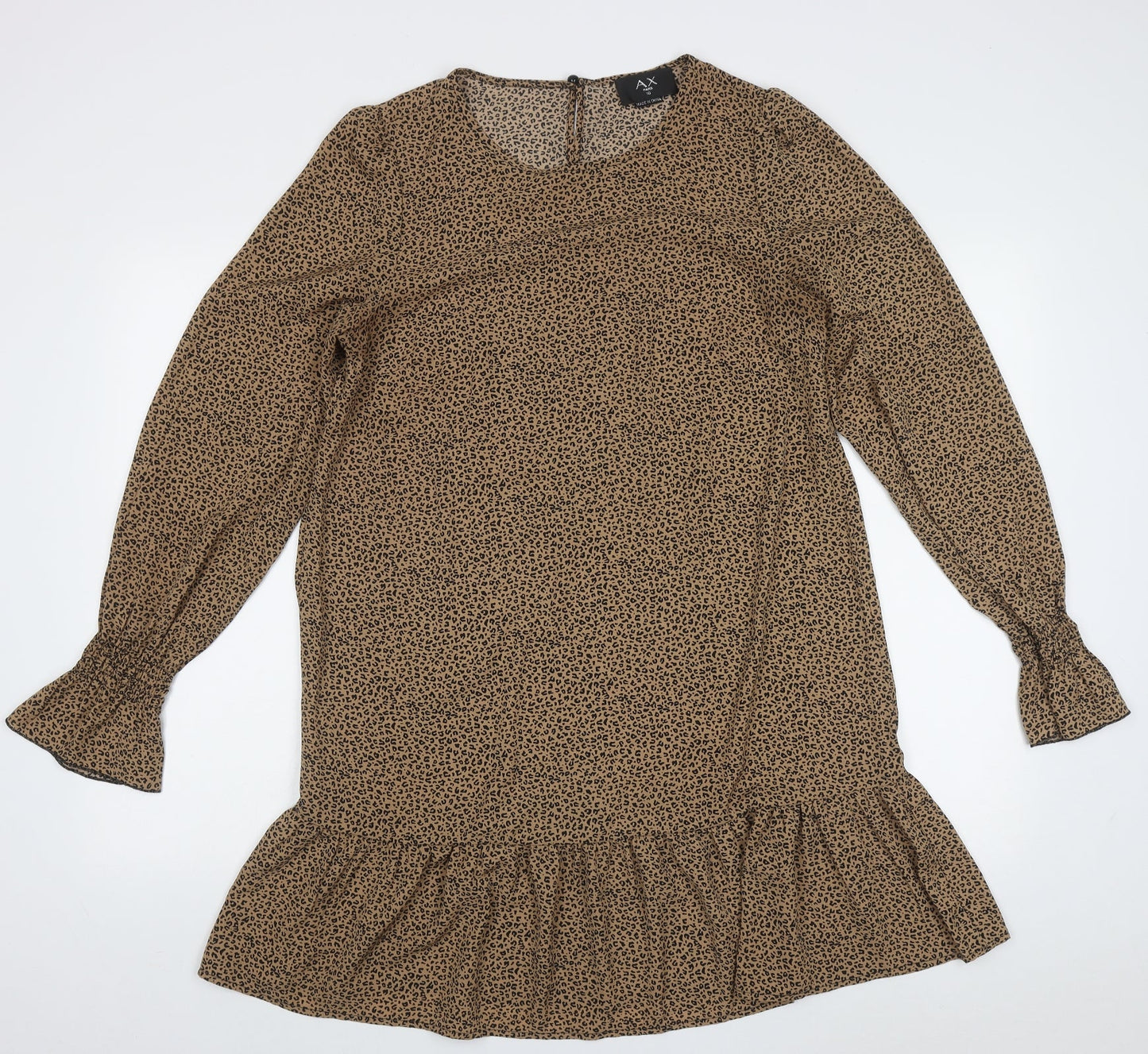 AX Paris Womens Brown Animal Print Polyester A-Line  Size 10  Crew Neck Button