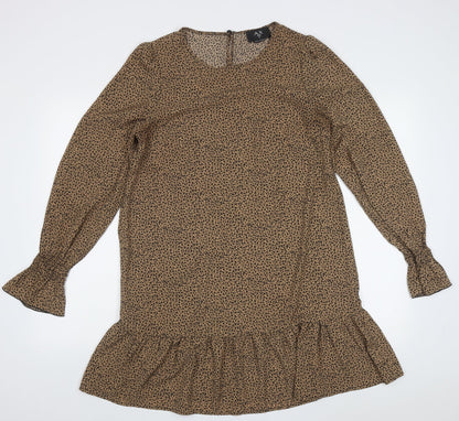 AX Paris Womens Brown Animal Print Polyester A-Line  Size 10  Crew Neck Button