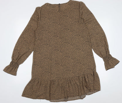 AX Paris Womens Brown Animal Print Polyester A-Line  Size 10  Crew Neck Button