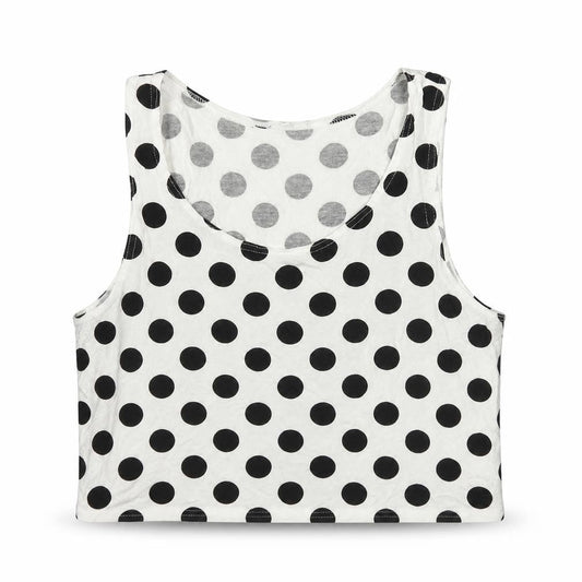 Front view of New Look women’s white polka dot viscose cropped tank, size M, scoop neck