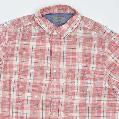 Marks and Spencer Mens Red Check Cotton  Button-Up Size M Collared Button