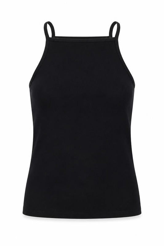 Front view of Clockhouse women’s black polyester camisole tank, size UK 8, square neck