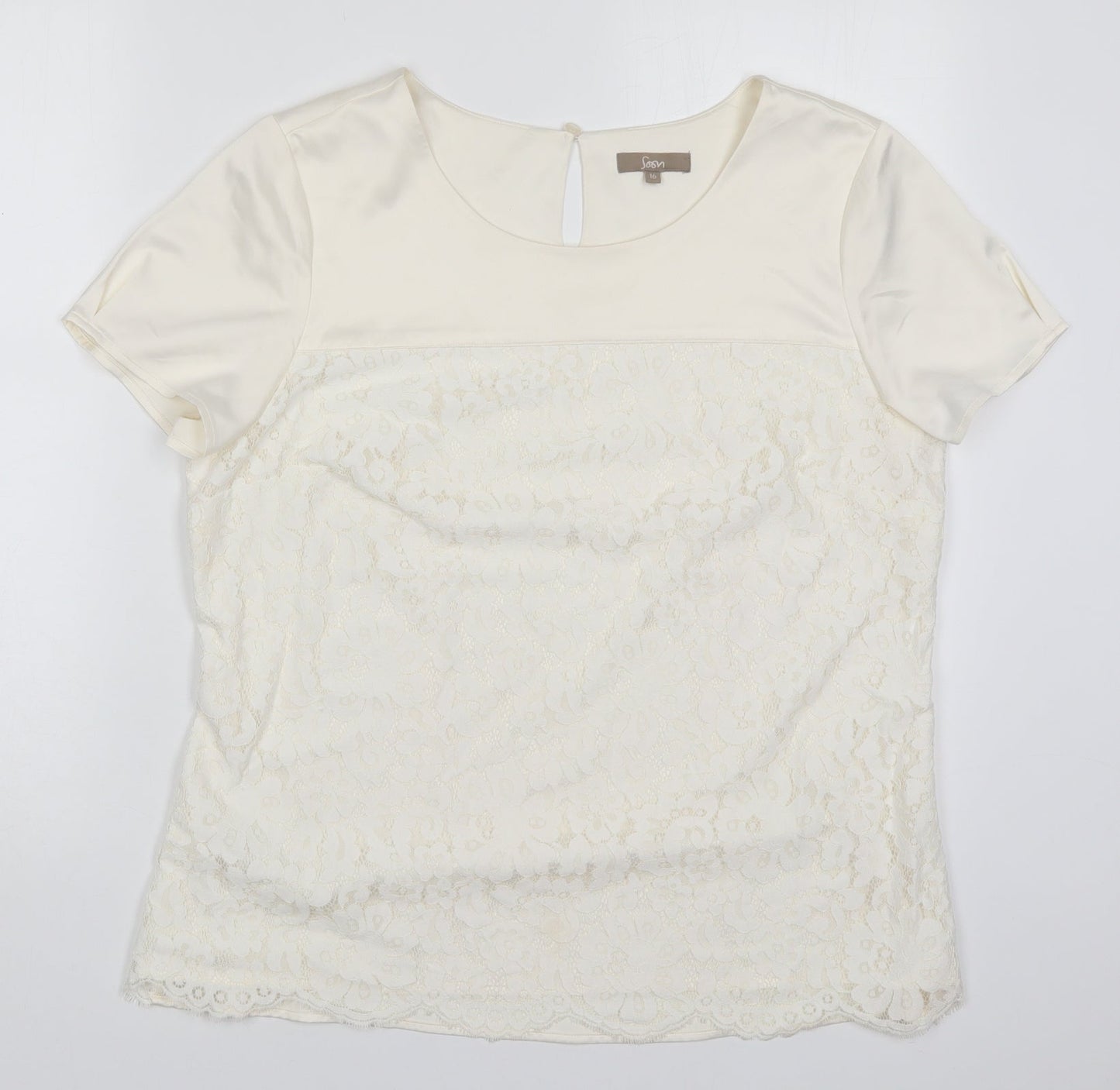 Soon Womens Ivory  Polyester Basic T-Shirt Size 16 Round Neck
