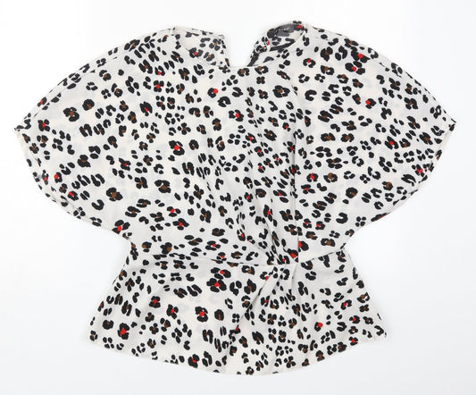 Primark Womens White Animal Print Polyester Basic Blouse Size 12 Round Neck