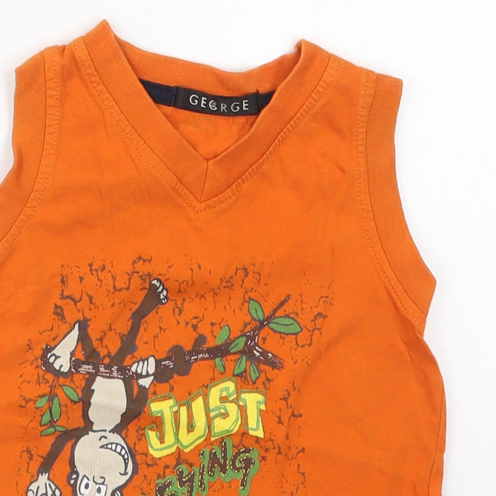 George Boys Orange  Cotton Basic Tank Size 18-24 Months V-Neck Pullover - Just Monkeying Around