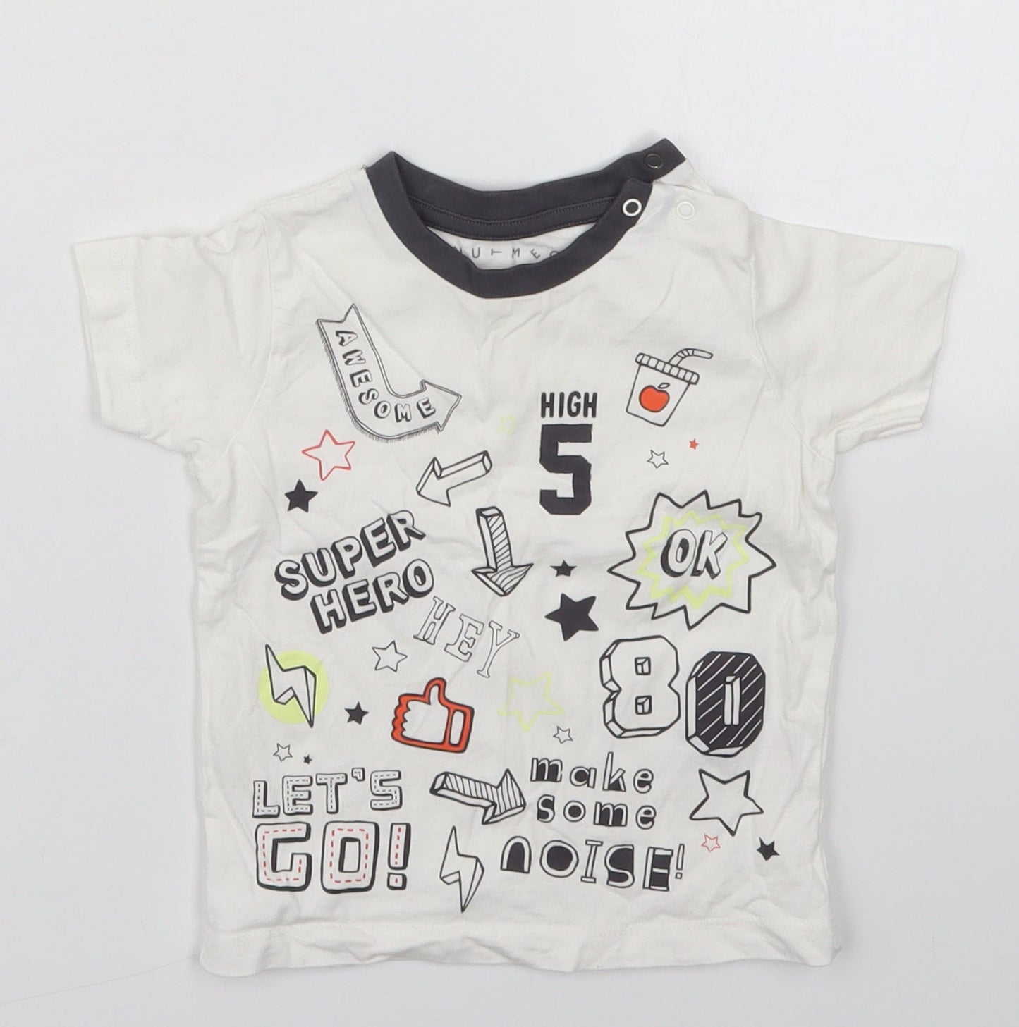 Nutmeg Boys White  Cotton Basic T-Shirt Size 12-18 Months Crew Neck Pullover - Super Hero Let's Go Make Some Noise