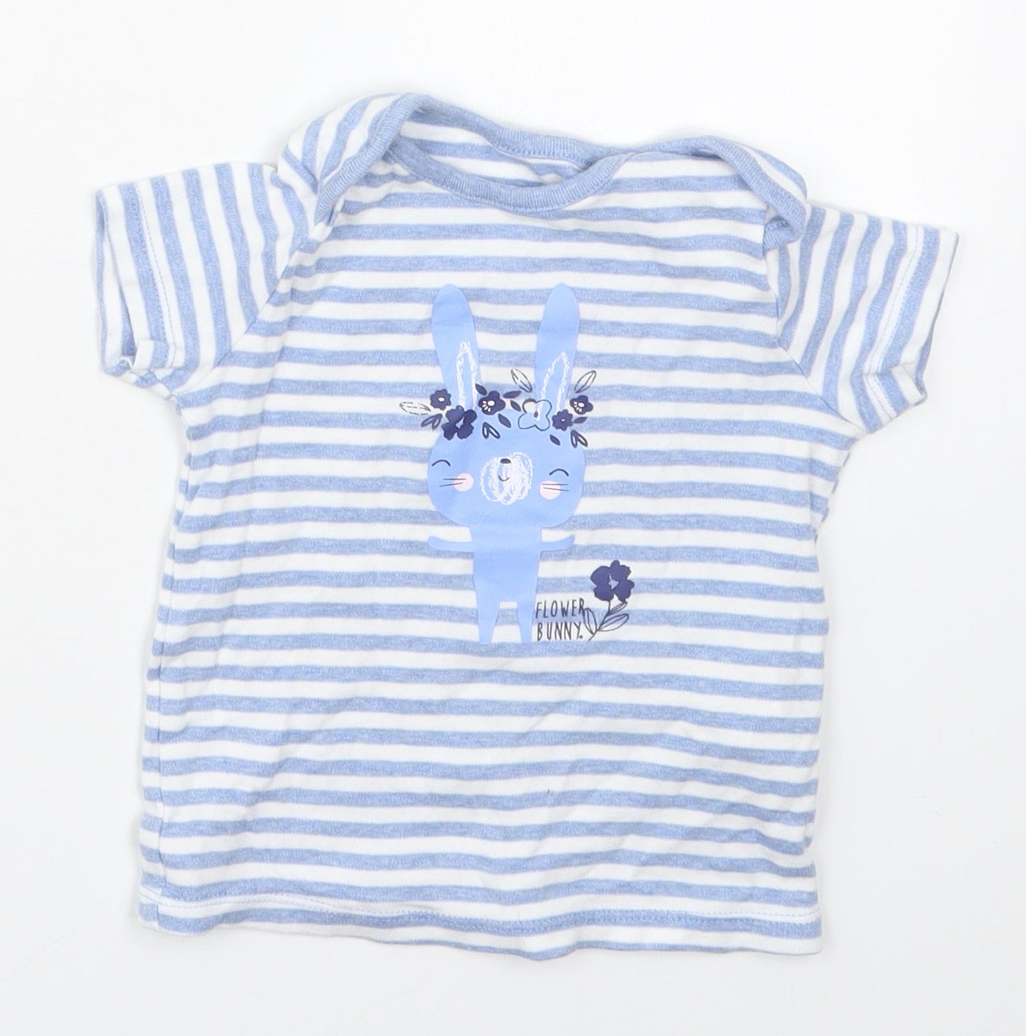 F&F Girls Blue Striped Cotton Basic T-Shirt Size 12-18 Months Round Neck Pullover - Flower Bunny