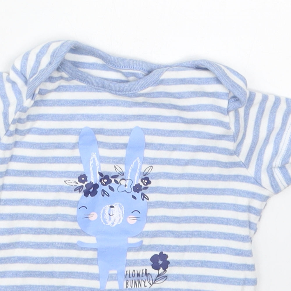 F&F Girls Blue Striped Cotton Basic T-Shirt Size 12-18 Months Round Neck Pullover - Flower Bunny