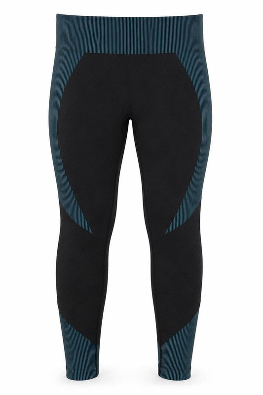Front view of Preworn women’s blue striped nylon compression leggings, size M, 24-inch leg regular