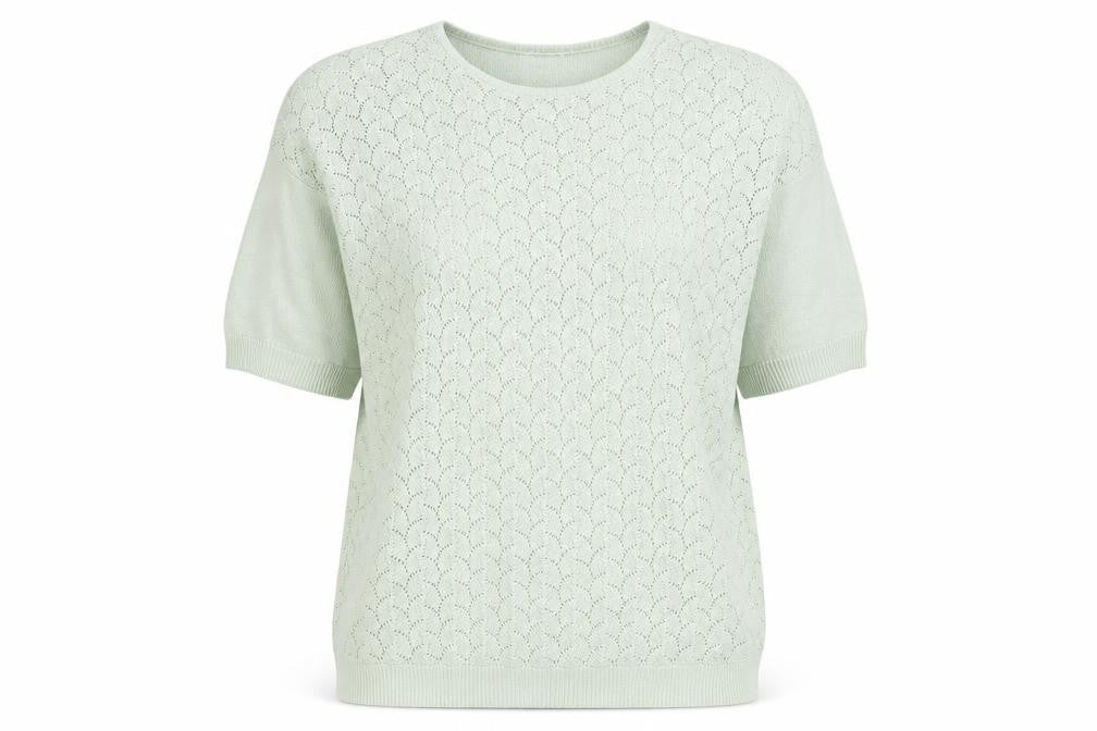 Front view of Damart women’s green round neck acrylic jumper, size L