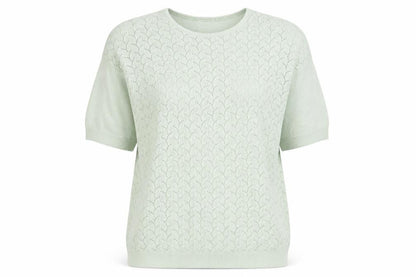 Front view of Damart women’s green round neck acrylic jumper, size L