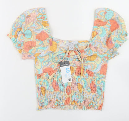 Primark Womens Multicoloured Geometric Polyester Cropped T-Shirt Size S Square Neck