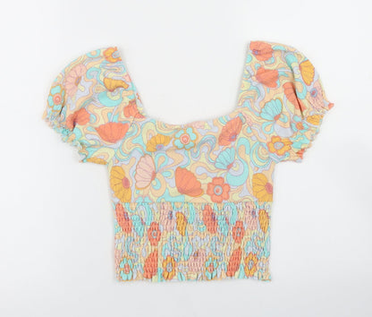 Primark Womens Multicoloured Geometric Polyester Cropped T-Shirt Size S Square Neck