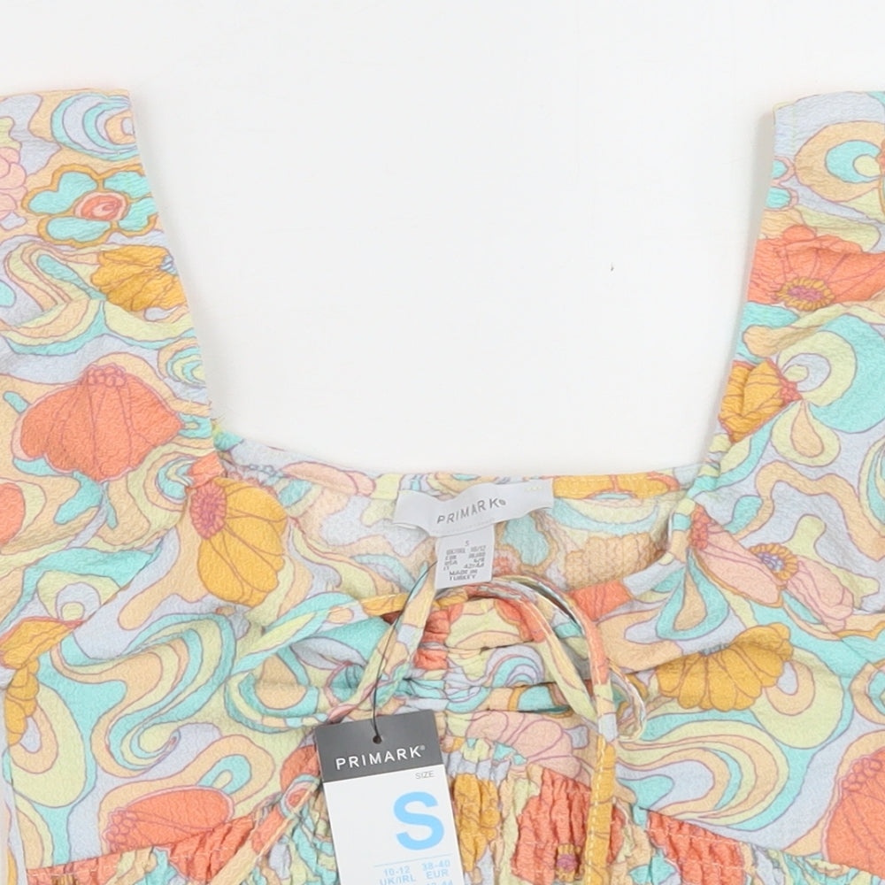 Primark Womens Multicoloured Geometric Polyester Cropped T-Shirt Size S Square Neck