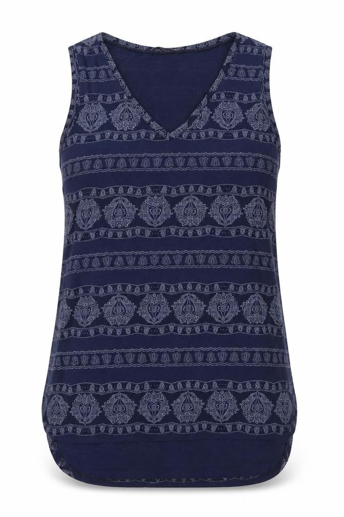 Front view of New Look women’s blue paisley polyester jersey tank, size UK 8, round neck