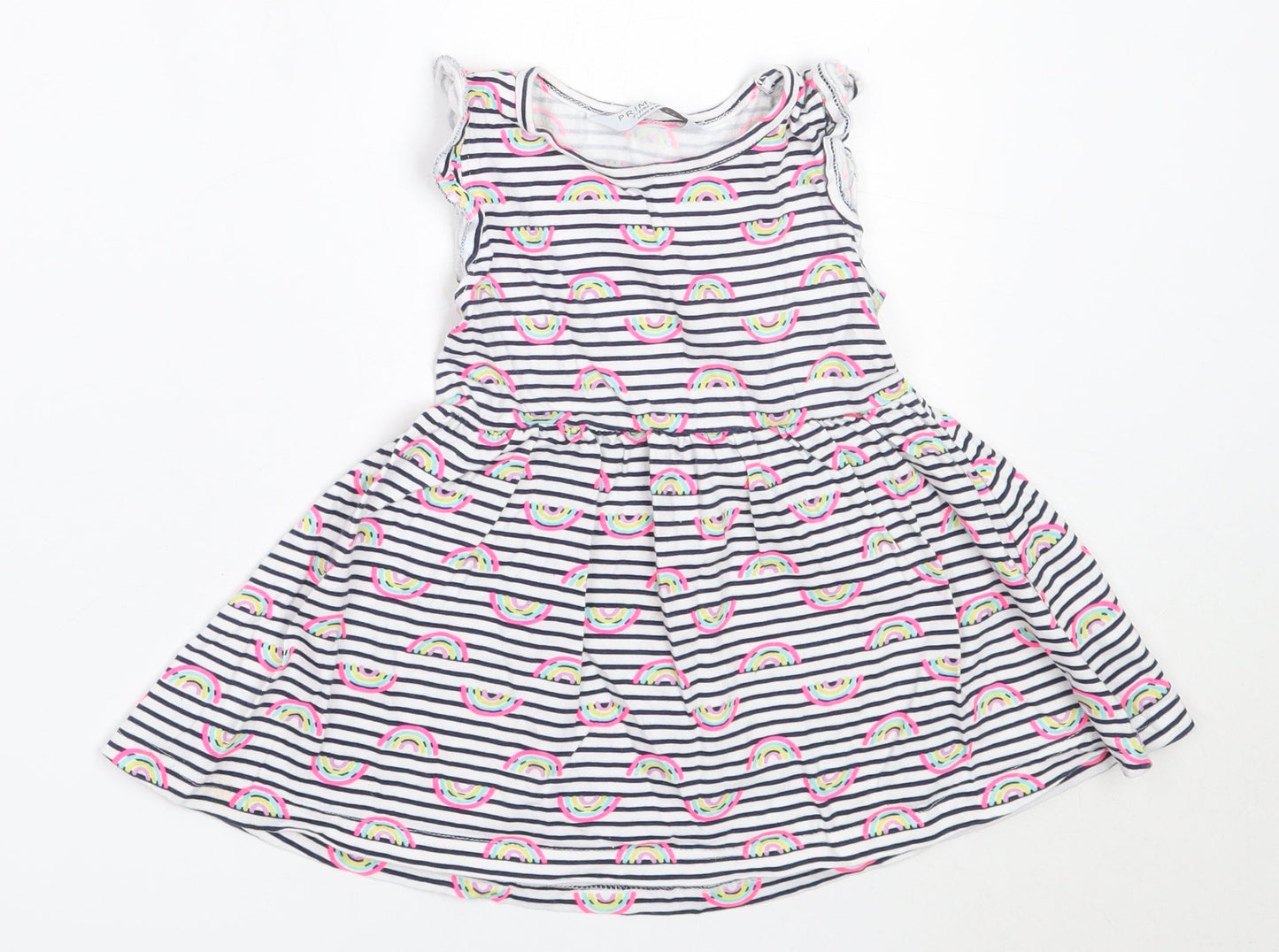 Primark Girls White Striped Cotton Fit & Flare  Size 2-3 Years  Round Neck