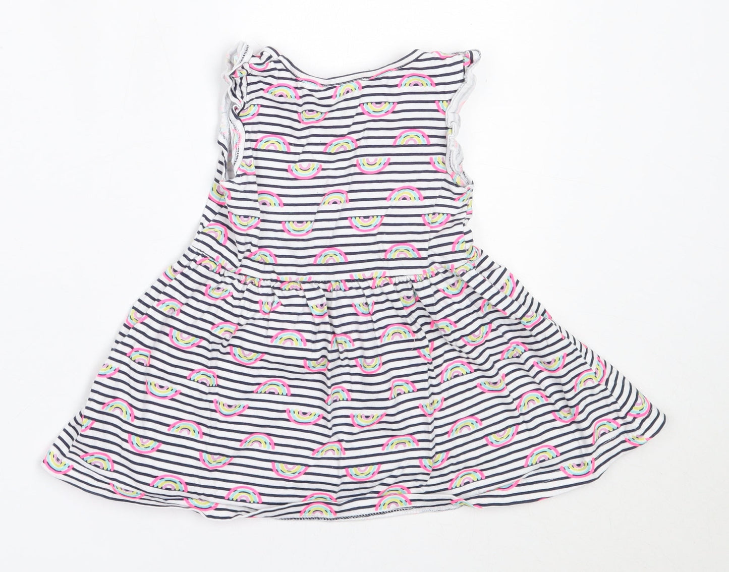 Primark Girls White Striped Cotton Fit & Flare  Size 2-3 Years  Round Neck