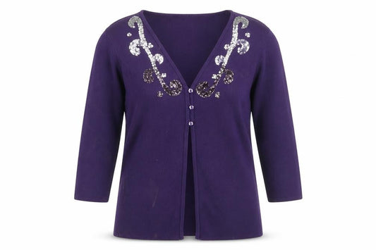 Front view of Sky Designs women’s purple v-neck viscose cardigan jumper, size S