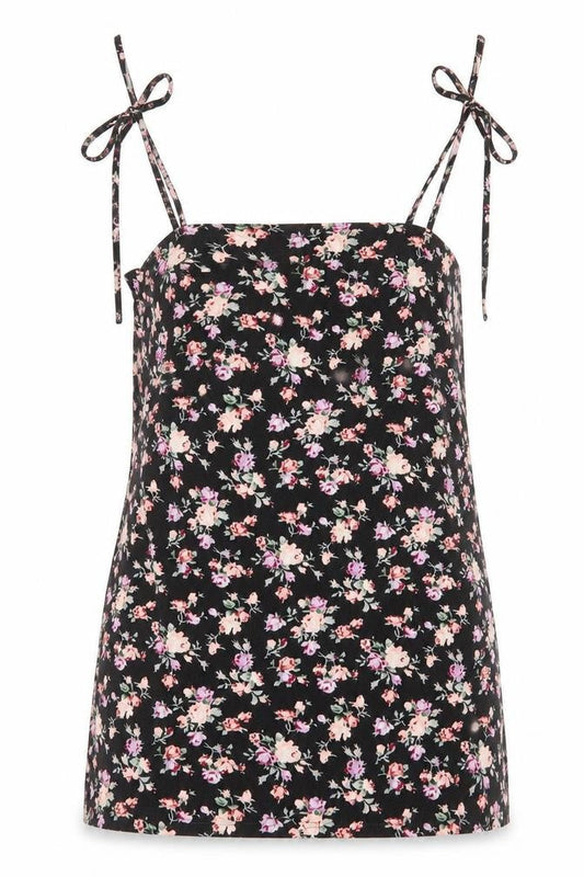 Front view of SHEIN women’s black floral polyester mini, size S, square neck