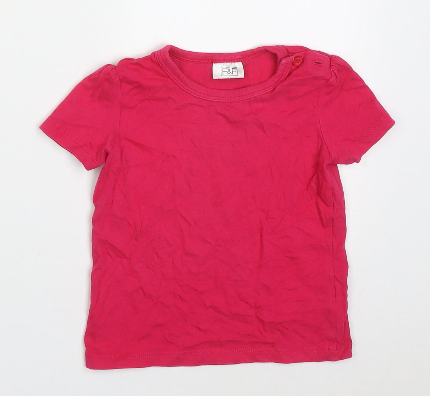 F&F Girls Pink  Cotton Basic T-Shirt Size 9-12 Months Crew Neck Button