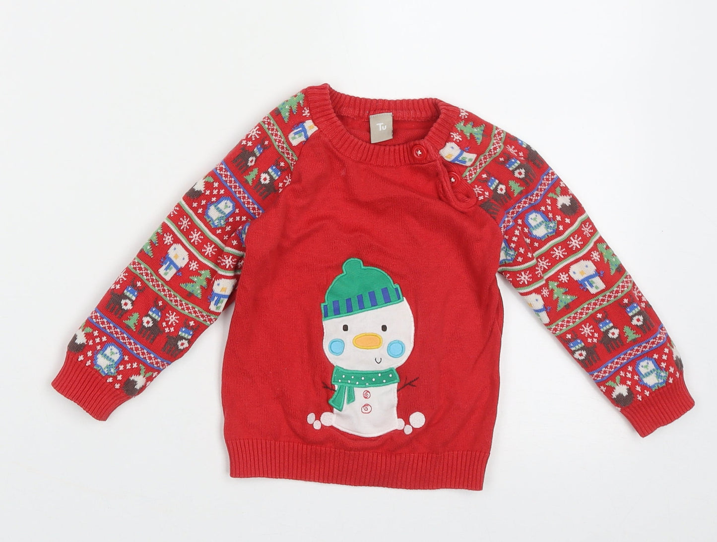 TU Boys Red Geometric Cotton Pullover Jumper Size 12-18 Months  Button - snow man