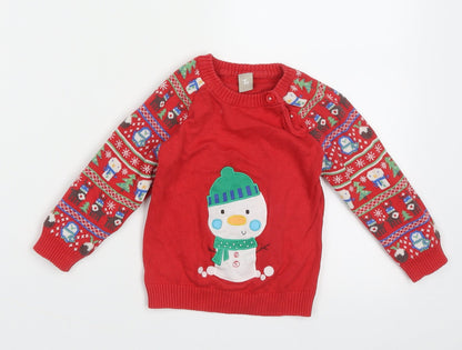 TU Boys Red Geometric Cotton Pullover Jumper Size 12-18 Months  Button - snow man