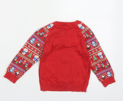 TU Boys Red Geometric Cotton Pullover Jumper Size 12-18 Months  Button - snow man