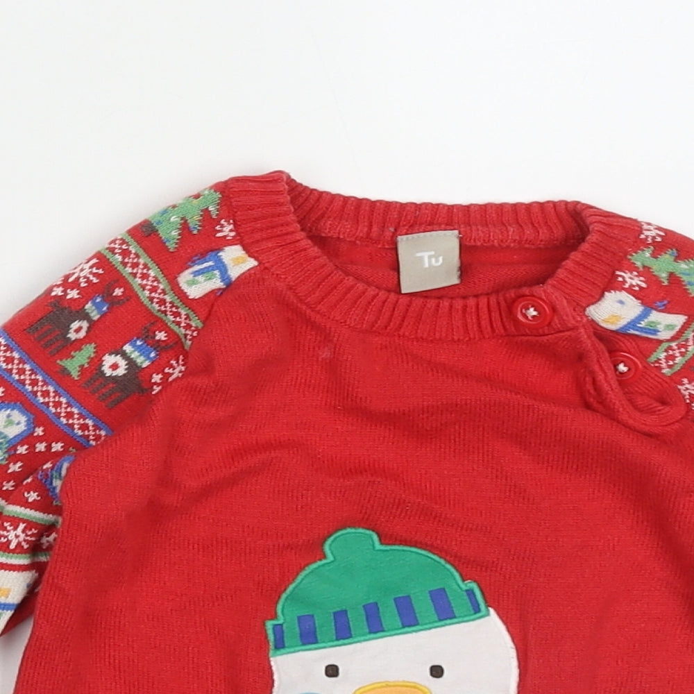 TU Boys Red Geometric Cotton Pullover Jumper Size 12-18 Months  Button - snow man