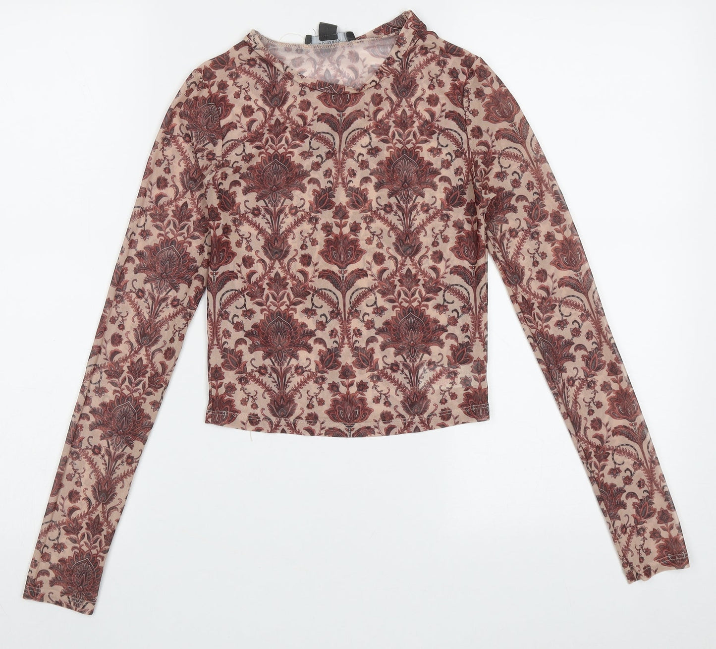 Primark Womens Red Geometric Polyester Cropped T-Shirt Size 2XS Crew Neck