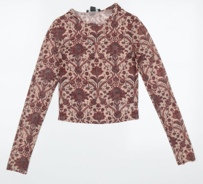 Primark Womens Red Geometric Polyester Cropped T-Shirt Size 2XS Crew Neck