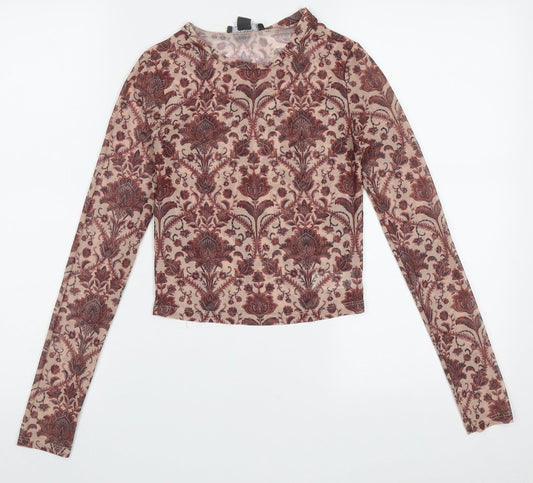 Primark Womens Red Geometric Polyester Cropped T-Shirt Size 2XS Crew Neck