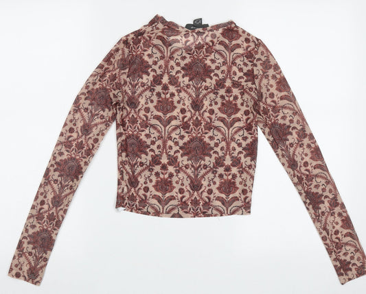 Primark Womens Red Geometric Polyester Cropped T-Shirt Size 2XS Crew Neck