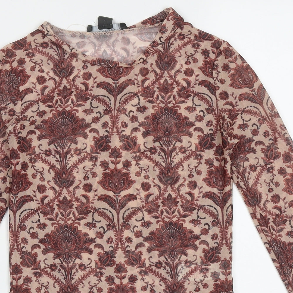 Primark Womens Red Geometric Polyester Cropped T-Shirt Size 2XS Crew Neck