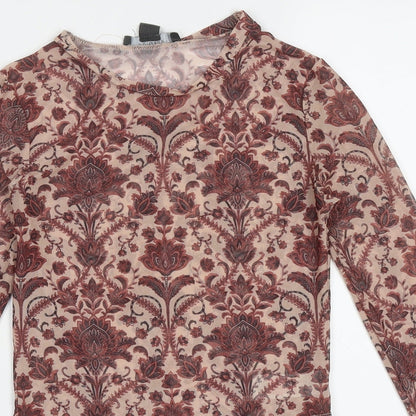 Primark Womens Red Geometric Polyester Cropped T-Shirt Size 2XS Crew Neck