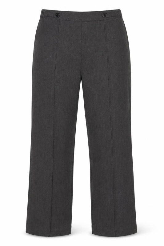 Front view of Bonmarché women’s grey polyester trousers, size UK 12, 26-inch leg regular