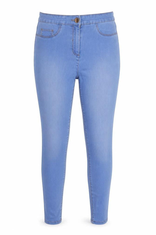 Front view of Matalana women’s blue cotton jegging jeans, size UK 12, 28-inch leg regular button