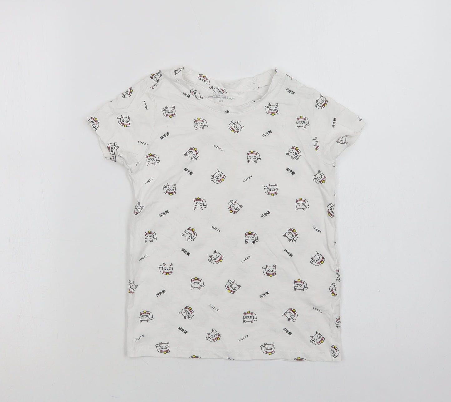 RESERVED Girls White Geometric Cotton Basic T-Shirt Size 6-7 Years Crew Neck  - Lucky Cat