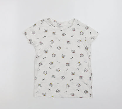 RESERVED Girls White Geometric Cotton Basic T-Shirt Size 6-7 Years Crew Neck  - Lucky Cat