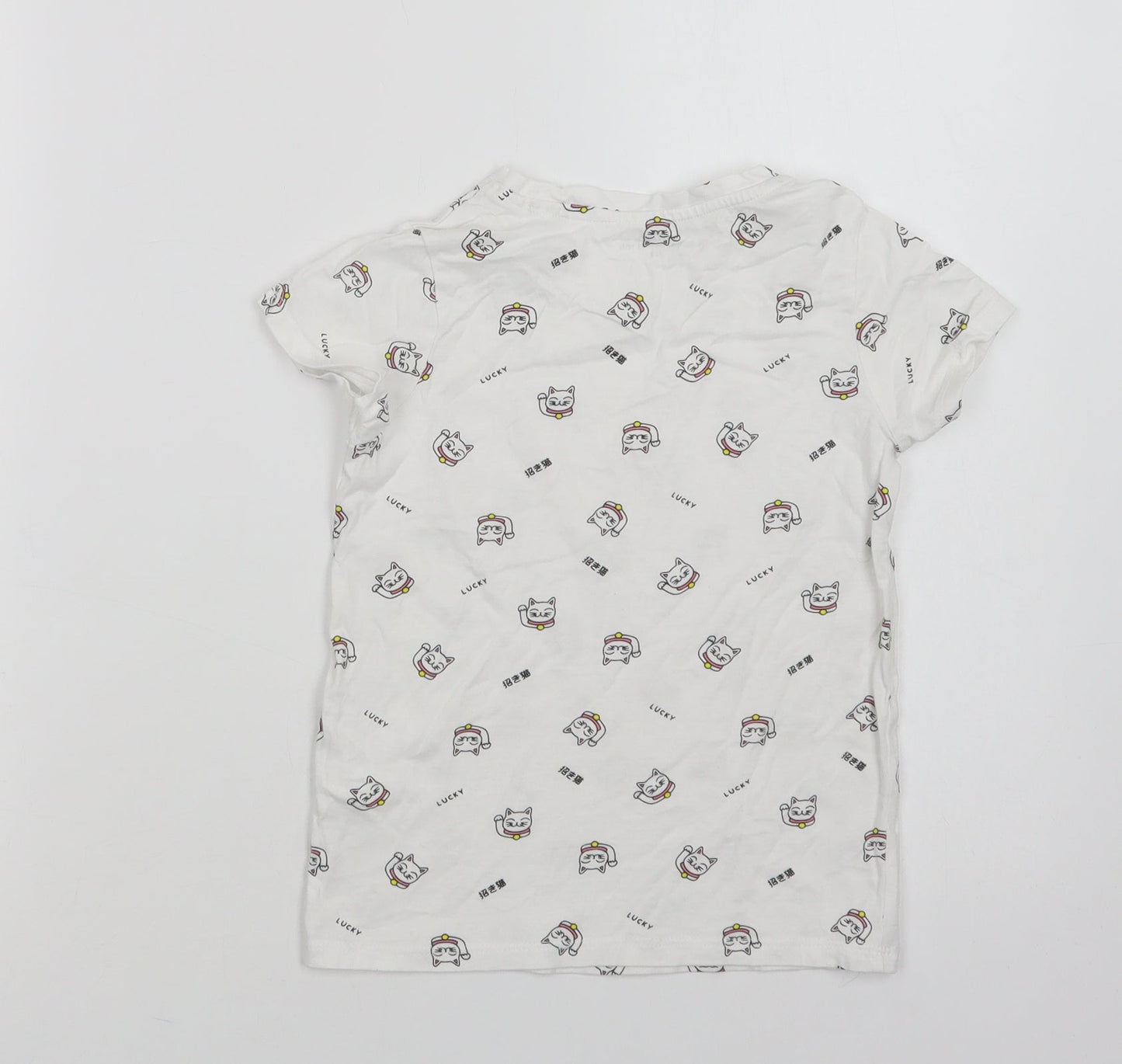 RESERVED Girls White Geometric Cotton Basic T-Shirt Size 6-7 Years Crew Neck  - Lucky Cat