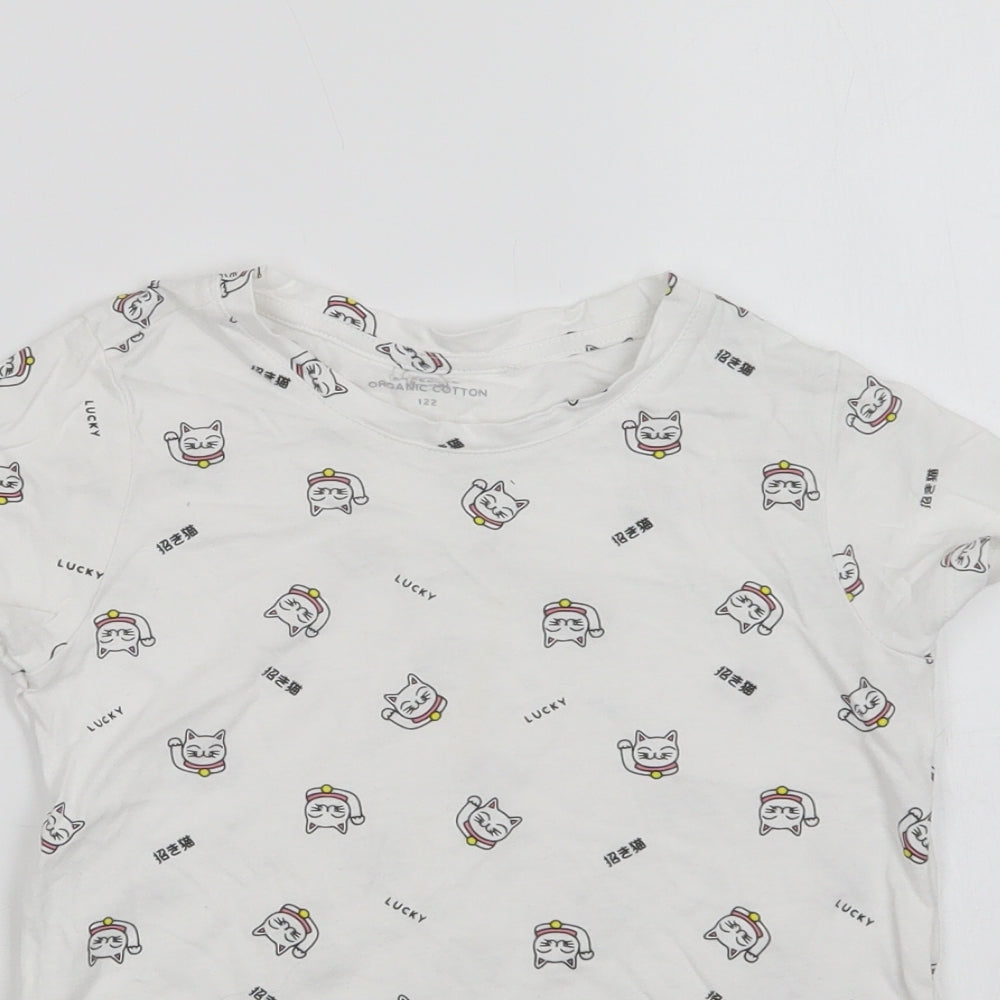 RESERVED Girls White Geometric Cotton Basic T-Shirt Size 6-7 Years Crew Neck  - Lucky Cat