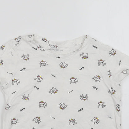 RESERVED Girls White Geometric Cotton Basic T-Shirt Size 6-7 Years Crew Neck  - Lucky Cat