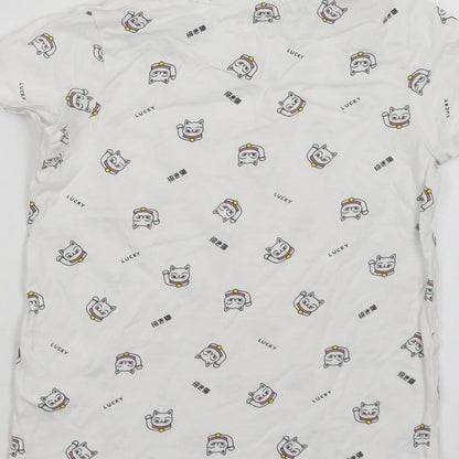 RESERVED Girls White Geometric Cotton Basic T-Shirt Size 6-7 Years Crew Neck  - Lucky Cat