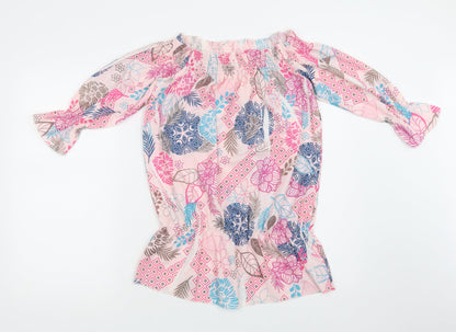 Preworn Womens Pink Floral Polyester Basic Blouse Size L Off the Shoulder
