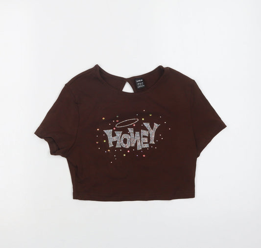 SheIn Womens Brown  Cotton Cropped Blouse Size S Crew Neck - Honey