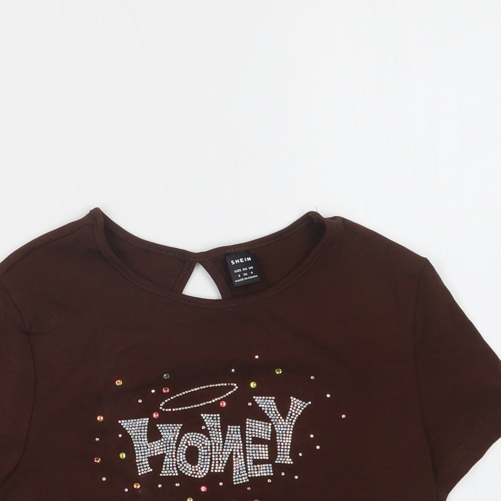 SheIn Womens Brown  Cotton Cropped Blouse Size S Crew Neck - Honey
