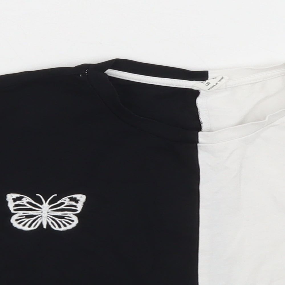 SheIn Girls Black Colourblock Cotton Cropped T-Shirt Size 8 Years Crew Neck  - butterflies