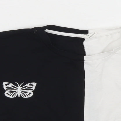 SheIn Girls Black Colourblock Cotton Cropped T-Shirt Size 8 Years Crew Neck  - butterflies