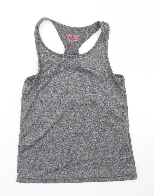 Front view of Active girls’ grey polyester basic tank, size 7-8, years round neck