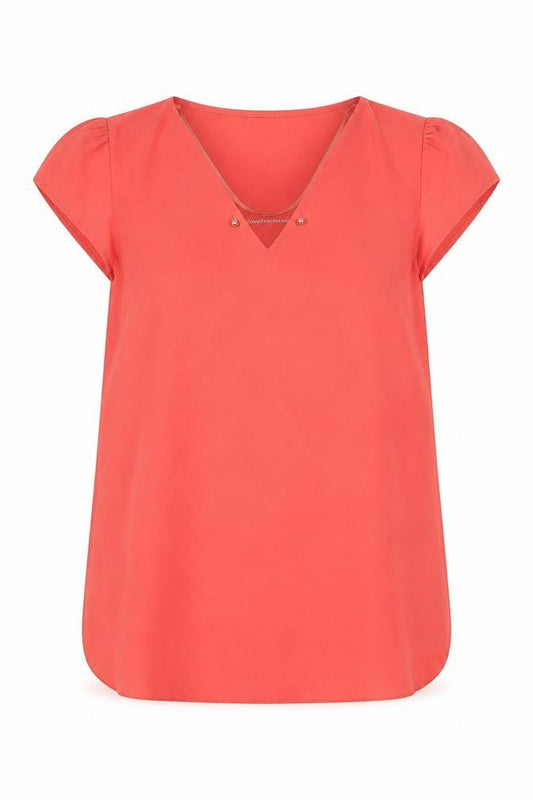 Front view of Atmosphere women’s pink polyester basic blouse, size UK 12, v-neck